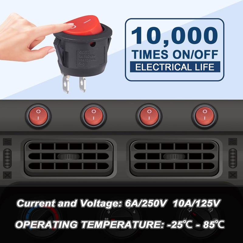 VEXUNGA Round Rocker Switch 12Volt On/Off 2 Pin Position Round Toggle Switches AC 6A/250V 10A/125V KCD1 Red Black Mini Circle Switch for Rv Car Truck Boat (Pack of 10pcs) - Image 5